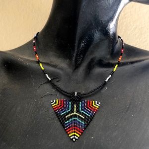 Black & Rainbow Beaded Triangle Pendant Necklace